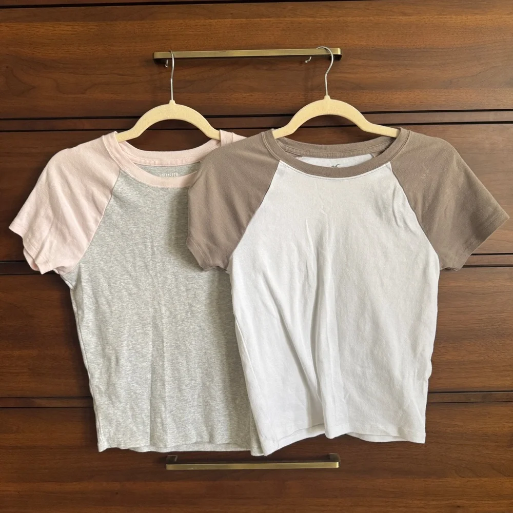 Hollister Raglan Baby Tee Set Pink & Heather Gray & White with Taupe Sleeves - Picture 2 of 9